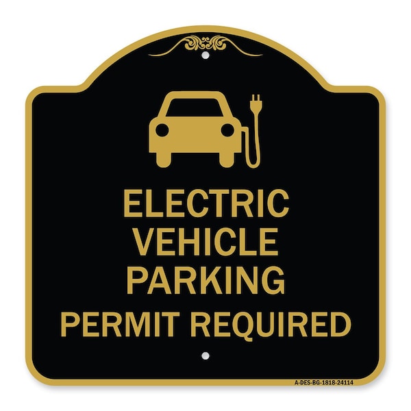 Electric Vehicle Parking Permit Required With Electric Car Graphic, Black & Gold, BG-1818-24114